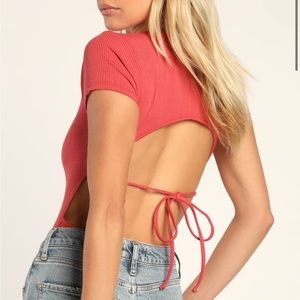 Lulus Bodysuit Cutout Back Ribbed Short Sleeve scoop neck medium pink rose NWT M